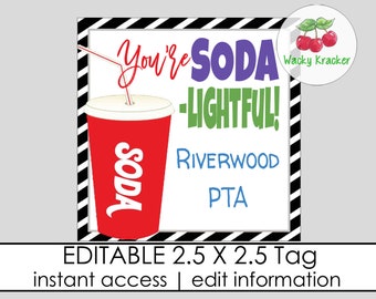 Soda Appreciation Tags, Soda-lightful Gift, Beverage Thank You Tags, PTO PTA Gift, End of Year Gift, Editable Gift Template