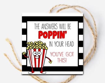 May include: A white and black striped background with a cartoon popcorn bucket with a red and white striped container and a smiling face. The text reads "The answers will be poppin' in your head. You've got this!"