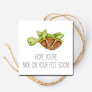 Puede incluir: Una tarjeta cuadrada con una ilustración en acuarela de una tortuga verde boca arriba. La tortuga tiene un caparazón marrón con un borde amarillo. El texto "HOPE YOU'RE BACK ON YOUR FEET SOON!" está impreso debajo. La tarjeta está atada con hilo.