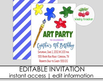 Editable Art Invitation, Art Birthday Party, Birthday Invitation, Editable Template, Instant Download, Painting Party, Arts and Crafts