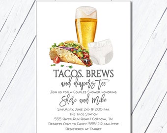 May include: A white invitation card with a watercolor illustration of tacos, a beer, and a diaper. The text reads "Tacos. Brews and diapers too. Join us for a couples shower honoring Sheri and Mike. Saturday, June 2nd @ 2:00 p.m. The Taco Station 555 River Run Road | Cordova, TN. Regrets only to Casey: 555.1212 call/text. Registered at Target."