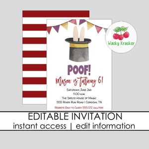 Magic Birthday Invitation, Magician Party Theme, Lucky Rabbit, INSTANT DOWNLOAD, EDITABLE Template