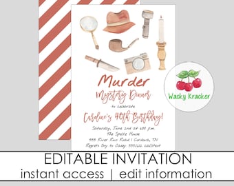 May include: Editable invitation for a murder mystery dinner to celebrate a 40th birthday. The invitation features a watercolor illustration of detective tools, including a magnifying glass, a hat, a pipe, a knife, a camera, a flashlight, and a candle. The text reads "Murder Mystery Dinner to celebrate Caroline's 40th Birthday!" and includes the date, time, location, and contact information.