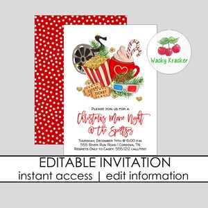 K&ouml;nnte beinhalten: Bearbeitbare Einladung zu einem Weihnachts-Filmabend bei den Spetzes. Die Einladung zeigt einen rot-wei&szlig; gestreiften Popcorn-Eimer, eine rote Tasse mit einem Herz, eine Filmrolle, 3D-Brillen und Kinokarten. Der Text lautet: "Bitte kommen Sie zu einem Weihnachts-Filmabend bei den Spetzes. Donnerstag, 14. Dezember um 18:00 Uhr. 555 River Run Road | Cordova, TN. Absagen nur an Casey: 555.1212 anrufen/SMS."
