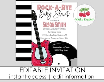 Könnte beinhalten: Ein schwarz-weiß gestreifter Hintergrund mit einer rot-weiß-blauen Gitarre und einer schwarzen Schallplatte. Der Text lautet "Rock-A-Bye Baby Shower" zu Ehren von "Susan Smith". Datum und Uhrzeit der Veranstaltung sind mit "Samstag, 3. Juni um 16:00 Uhr" angegeben. Der Veranstaltungsort ist "The Record House, 555 River Run Road | Cordova, TN". Die Einladung enthält auch den Text "Registered at Target and Babies R Us".
