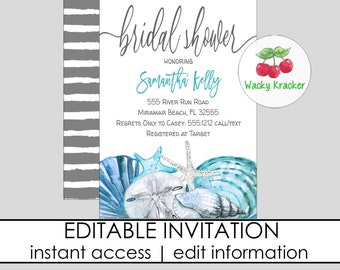 Seashell Bridal Invitation, Couples Shower, Bridal Shower Invitation, Ocean Beach Shower Theme, Editable Template