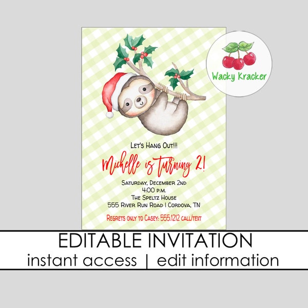 Sloth Invitation, Christmas Birthday, Christmas Invitation, Holiday Party Invite, Christmas Sloth, First birthday, Winter Theme, printable