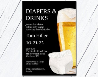 Invitación a la fiesta del pañal, Invitación al baby shower, Baby shower de papás, Pañales y bebidas, Plantilla de invitación, Cervezas y bebé, Ducha de pañales