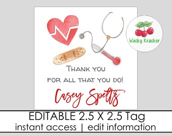 Nurse Gift Tags, School Nurse, Doctor Medical Thank You Tags or Labels, Nurse Appreciation Week, Editable Gift Template