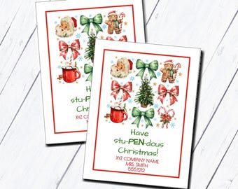 May include: Two Christmas cards with a red border and festive illustrations. The cards feature Santa Claus, gingerbread men, bows, Christmas trees, and mugs of hot cocoa. Text reads "Have stu-PEN-dous Christmas!"