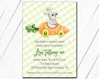 Easter Birthday Invitation, First Birthday Invitation, Easter Birthday Party, Carrot Car, Some Bunny is one, Bunny Invitation, Easter Party