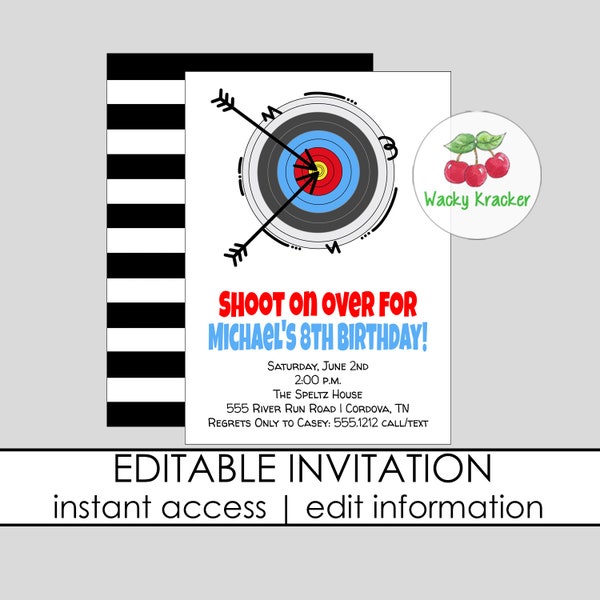 Archery Birthday Invitation, Bow and Arrow Party, Outdoor Birthday Party, Shoot on Over, INSTANT DOWNLOAD, Digital Invite, EDITABLE Template