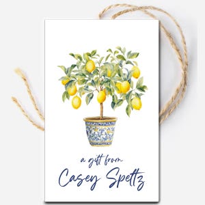 May include: A white gift tag with a watercolor illustration of a lemon tree in a decorative blue and yellow pot. The tag includes the text "a gift from Casey Spettz" in a dark blue script font, with a natural twine string.