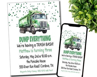 Garbage Truck Birthday Invitation, Trash Bash Birthday Invite, Editable Trash Truck Party, Dump Everything Party, Recycling Garbage Party