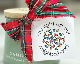 Etiqueta de regalo para velas navideñas, regalo para el vecindario, regalo de Navidad para los vecinos, Iluminas nuestro vecindario, regalo navideño para los vecinos
