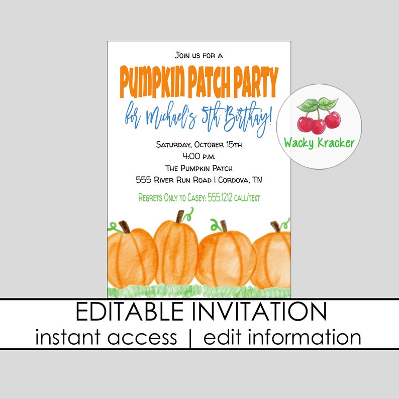 May include: Editable invitation for a pumpkin patch party with a watercolor illustration of pumpkins. The invitation includes the text "Join us for a Pumpkin Patch Party for Michael's 5th Birthday!" and details for the party, including the date, time, location, and contact information. The invitation also includes a logo for "Wacky Kracker".