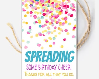 May include: A rectangular gift tag with a white background and colorful confetti design. The tag has the words "SPREADING SOME BIRTHDAY CHEER!" in turquoise and yellow. The text "THANKS FOR ALL THAT YOU DO. XOXO, CASEY" is also on the tag. A natural twine string is attached.