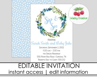 Sip and See Invitation, Boy Sip and See Invite, Blue Watercolor Floral, Editable Template