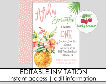 Aloha Birthday Invitation, One Year Old, First Birthday, Personalized Pineapple Party, Printable Tropical Invitation, Editable Invitation