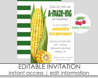 Corn Maze Birthday Invitation, Fall Festival Invitation, Corn and Pumpkin Patch, Autumn Church Event, INSTANT DOWNLOAD, EDITABLE Template