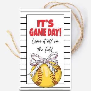 May include: A white card with black and white stripes. The card has red text that says "It's Game Day! Leave it all on the field." There is a yellow softball with a pink bow and white polka dots on top of the card.