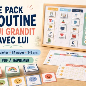 Può includere: Una lavagna magnetica per routine con cornice in legno, schede per attività quotidiane, un programma settimanale e un foglio per le ricompense. Il set include 120 carte illustrate con testo in francese e un PDF stampabile. La lavagna mostra colonne per mattina, pomeriggio e sera.