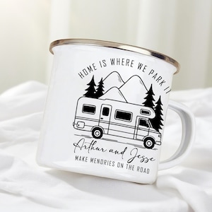 Personalised Motor Home Enamel Mug, Eco Outdoor Adventure Cup, Couple Travel Present, Accessories Camping, Retro Caravan