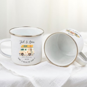 Retro RV Enamel Mug, Personalized Camper Mug, Custom Van Camping Gift, Eco Outdoor Adventure Cup, Vanlife Couple Travel Mug, VW Camper