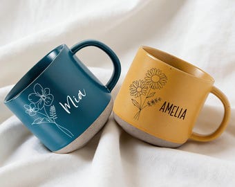 Personalized Birth Flower Coffee Mug, Custom Pottery Gift, Mothers Day, Gifts for Nanny, Her, Wedding Favor