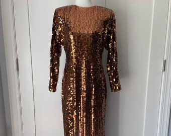 Stunning Vintage bronze sequins dress/Long sleeve/Mirror Ball/Prom/1980