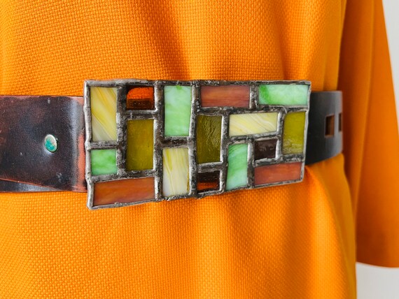 Vintage BOHO/1970s Leather belt with Stained glas… - image 3