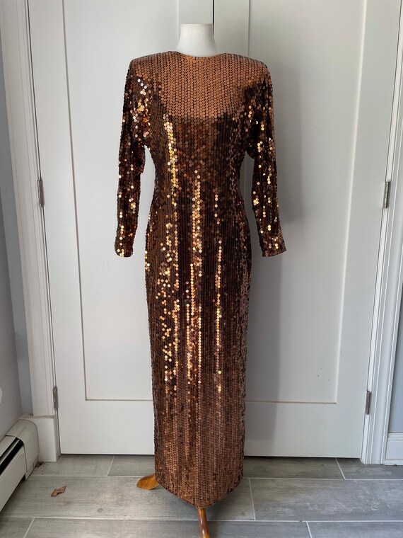 bronze gold sequin dress Fouad Sarkis F03010 Bronze Sequin Evening Gown Cape