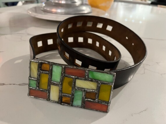 Vintage BOHO/1970s Leather belt with Stained glas… - image 5