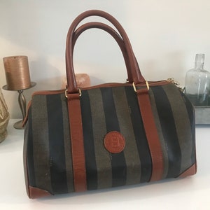 Fendi vintage Pequin stripe bucket shoulder bag Brown Black Bronze Leather  Cloth ref.658740 - Joli Closet