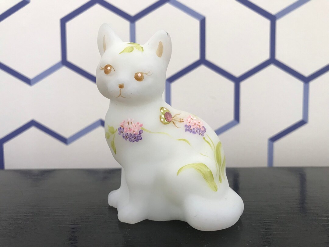Fenton Cat Figurine With Rhinestone/hand Painted/signed - Etsy