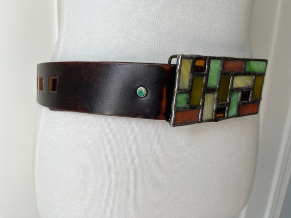Vintage BOHO/1970s Leather belt with Stained glas… - image 7
