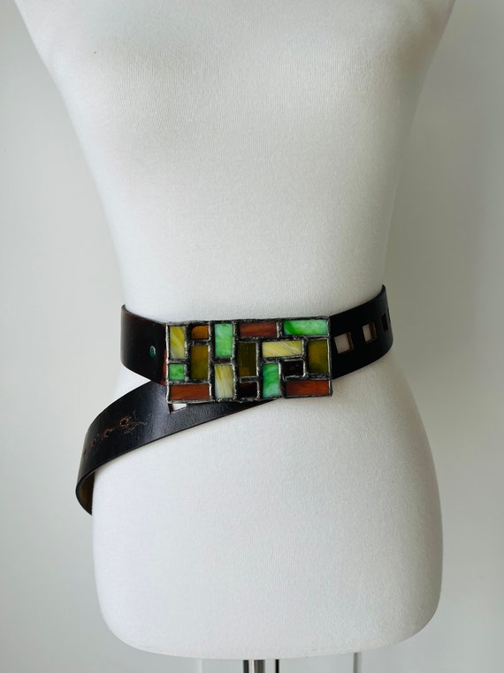 Vintage BOHO/1970s Leather belt with Stained glas… - image 1