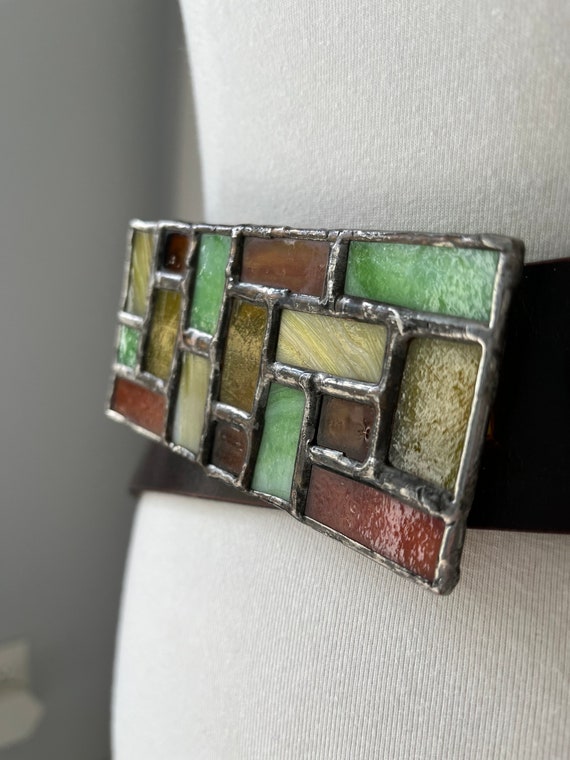 Vintage BOHO/1970s Leather belt with Stained glas… - image 2