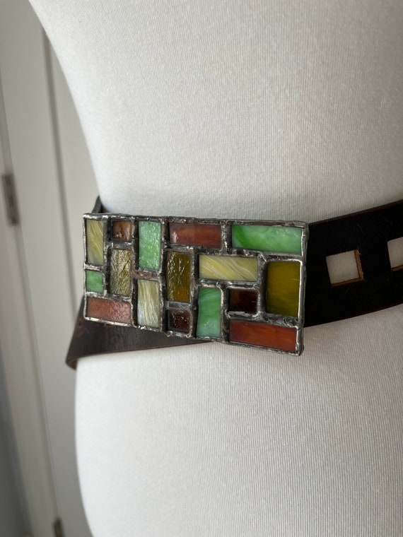 Vintage BOHO/1970s Leather belt with Stained glas… - image 8