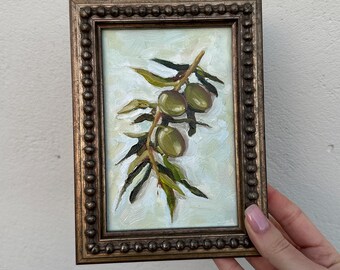 Olive Branch Original Oil Painting Olive Tree Still Life Art French Country Kitchen Wall Decor Small Artwork for Dining Room or Gift