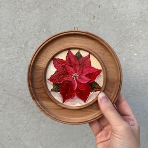Christmas original oil painting Red Poinsettia painting New Year mini wall art Christmas gift Decor Holidays Floral artwork in a round frame