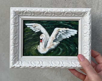 白鳥のオリジナル油絵（額装済み）：ヴィンテージスタイルの鳥のアート