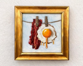 Crispy Bacon & Egg Original Oil Painting Wall Kitchen Decor English Breakfast Artwork in a Wooden Frame Small Kitchen Art Food on a Rope
