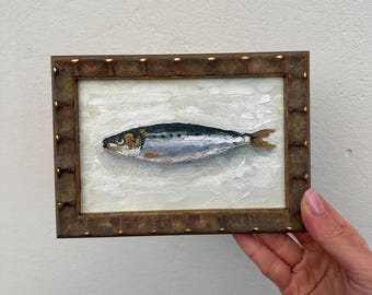 Sardine Original Oil Painting Miniature Fish Art French Country Kitchen Decor Nautical Seafood Still Life