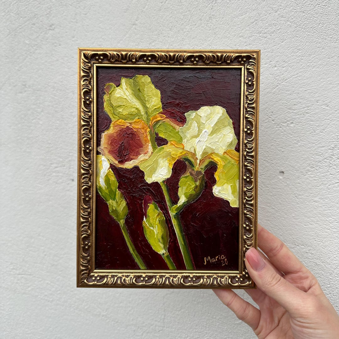 Mini Iris Oil Painting Original Small Floral Art Yellow Iris Flower ...