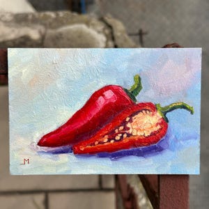 Chili Pepper Oil Painting Red Pepper Original Art Small Kitchen Art Vegetables Mini Artwork Wall Decor For Dining Room Kitchen Still Life