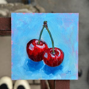 Cherries oil painting Fruit still life Red cherry oil painting Wall decor for kitchen Small kitchen art Berry art Bookshelf Decor Miniature