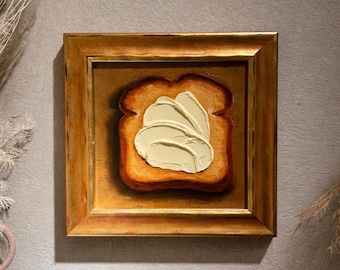 Bread and Butter Original Oil Painting  Mini Kitchen Wall Art French Country Decor Framed Artwork