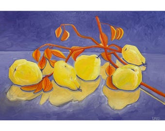 May include: A still life painting of five yellow pears on a branch with orange leaves against a purple background.