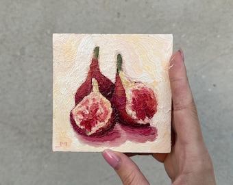 Fig Oil Painting Farmhouse Wall Art Small Original Still Life French Country Decor for Dining Room Impressionist Artwork Fruit Painting